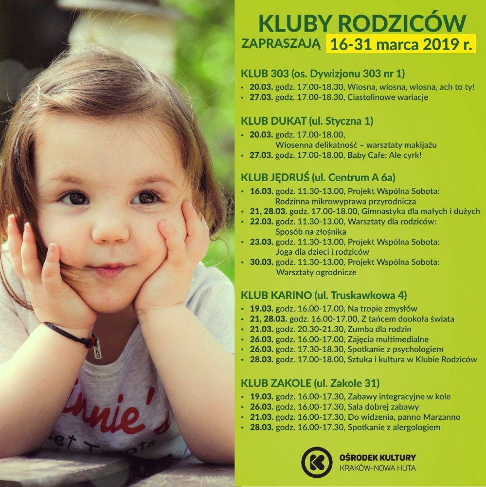 Kluby Rodziców w Ośrodku Kultury Kraków-Nowa Huta - 16-31 marca 2019 r.